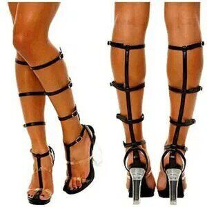 💥KILLER DESIGN💥VTG Caged Lucite Heel Gladiator Pumps in Black Leather & Clear
